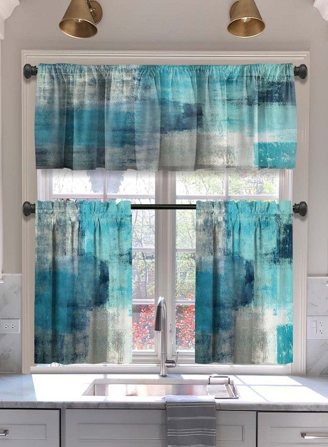 MCALK Turquoise Blackout Kitchen Curtains Tiers and Valances Set 3 Piece for Windows Grey Kitchen Window Curtains Set,Modern Abstract Art Valances for Living Room(36" Tiers Set) - Image 1
